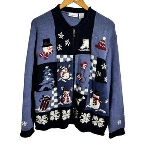 Croft & Barrow Winter Christmas Sweater Cardigan Women L Blue Snowman Full Zip